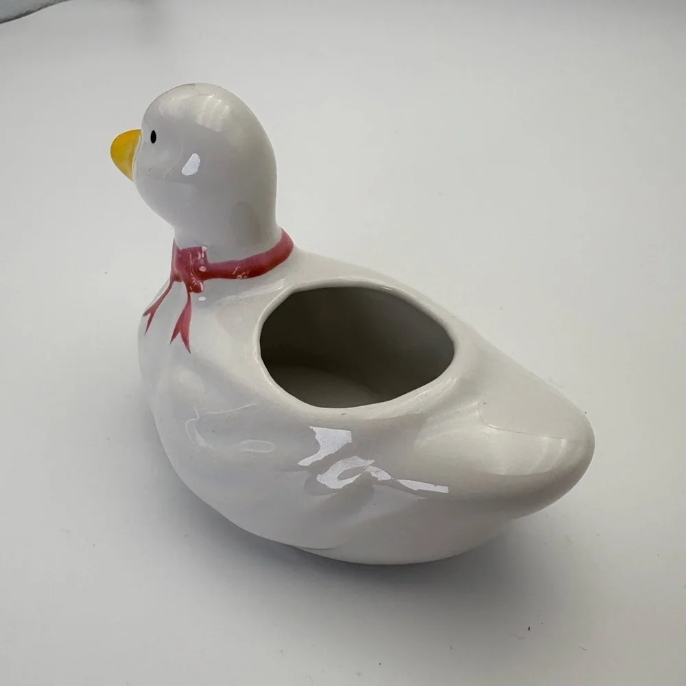 Charming White Duck Planter with Red Bow